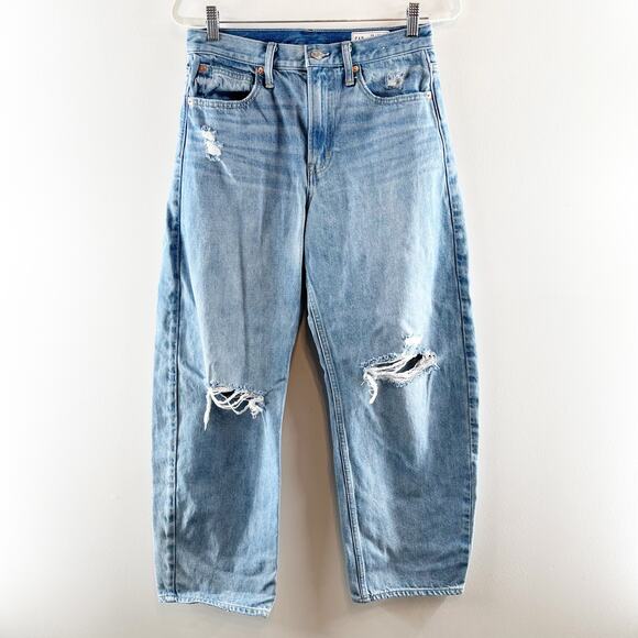 GAP High Rise Distressed Busted Knees Barrel Jeans Light Indigo Blue 28 / 6 - Picture 2 of 5